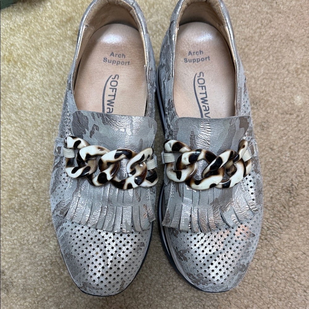 SoftWalk Women's Textured Gray Loafers with Chain Detail